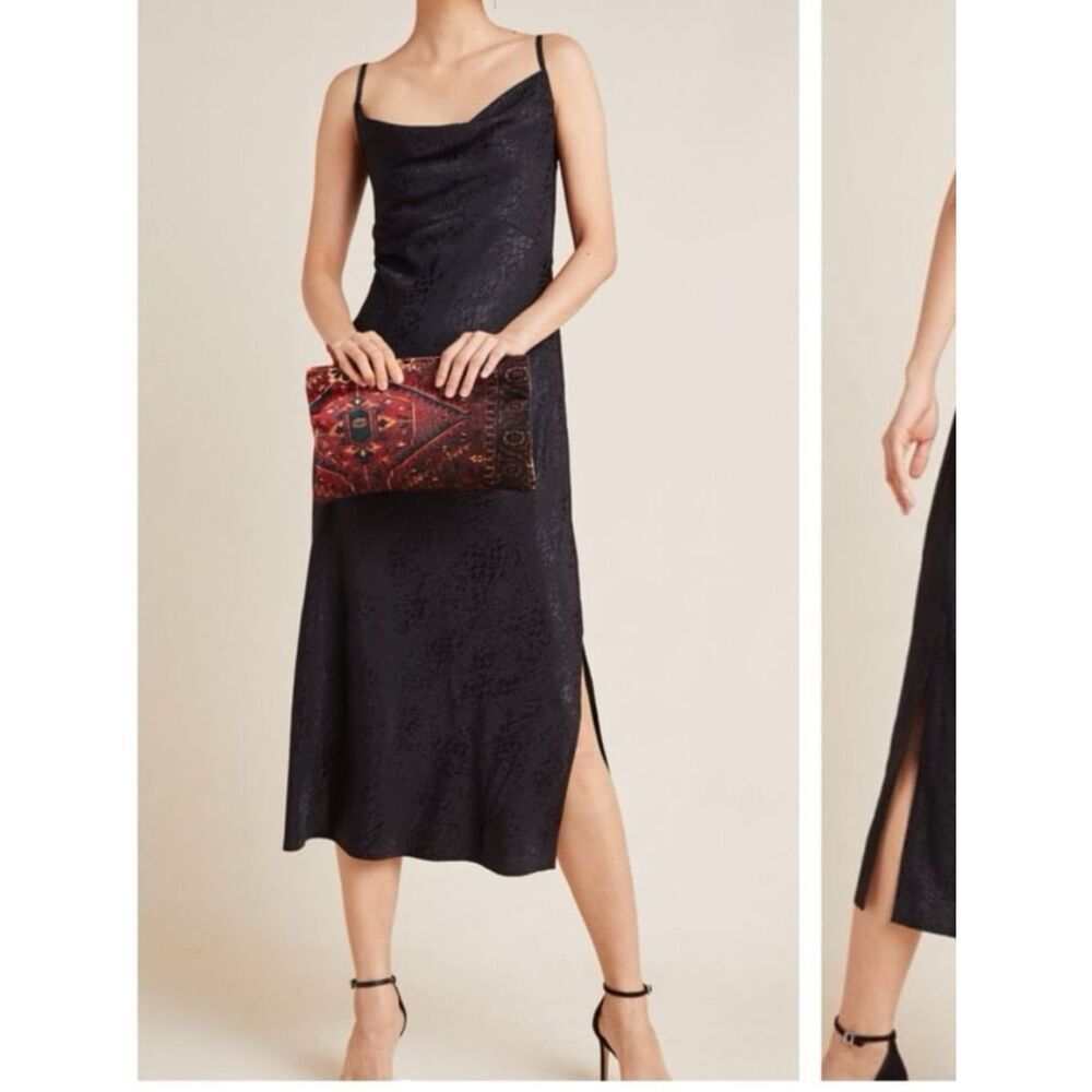 Anthropologie Black Satin Jacquard Slip Midi Dress Cowl Neck Side Slit Strappy 6 - Picture 7 of 8
